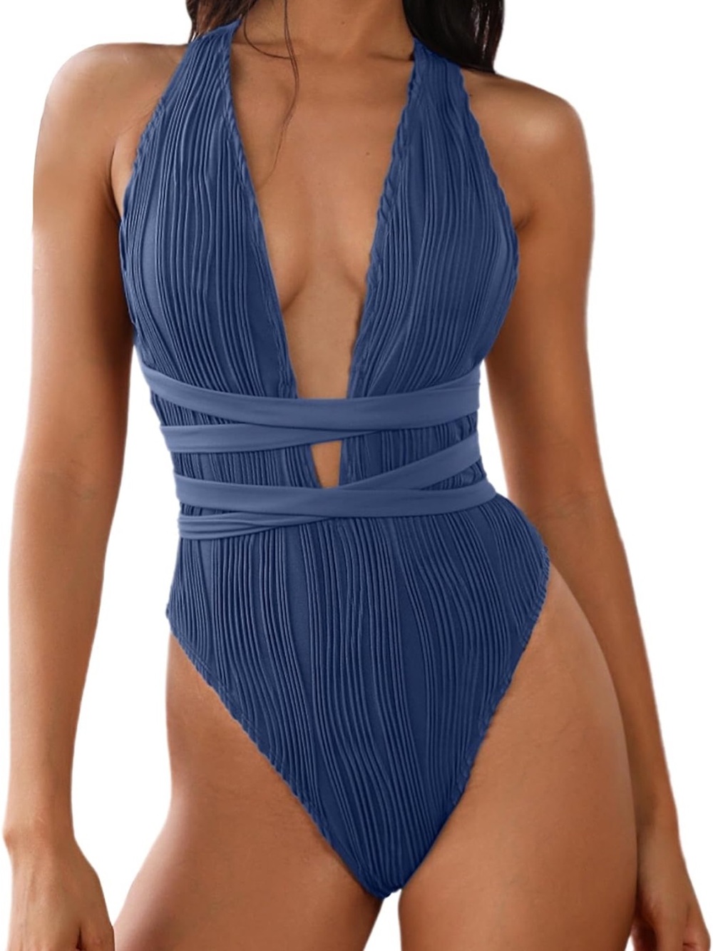 Zaful Deep V One-Piece Swimsuit in Blue with Wrap Waist